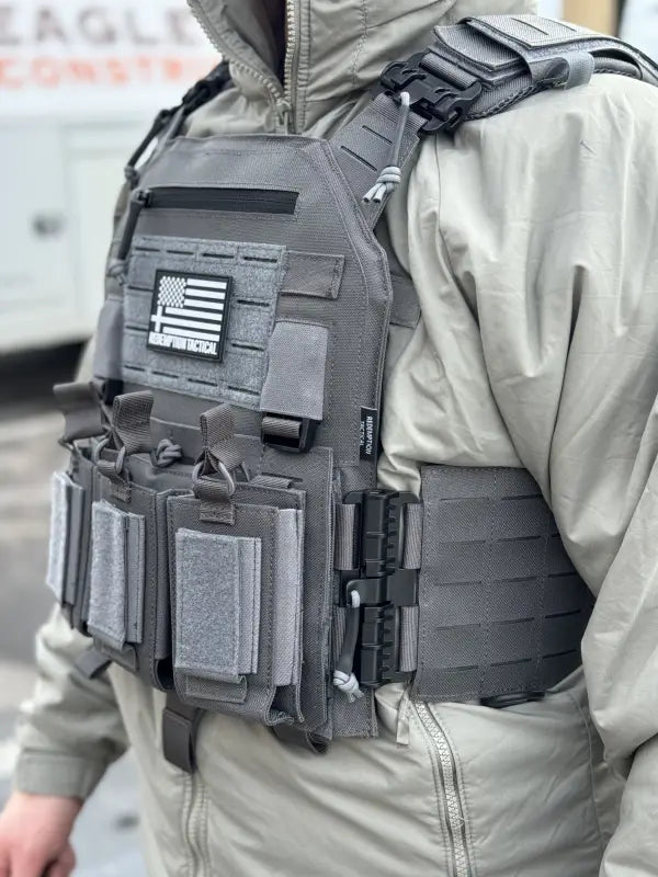 Gray tactical plate carrier with American flag patch, lightweight Level IV body armor