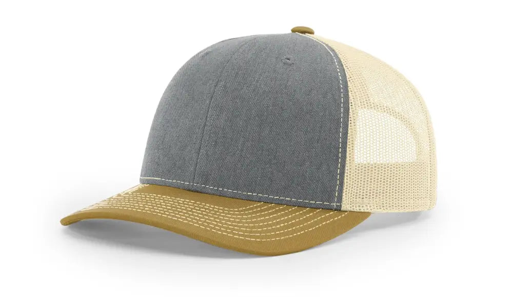 Gray and tan trucker hat with leather patch for first responders and firefighters in Dumpster Fire product
