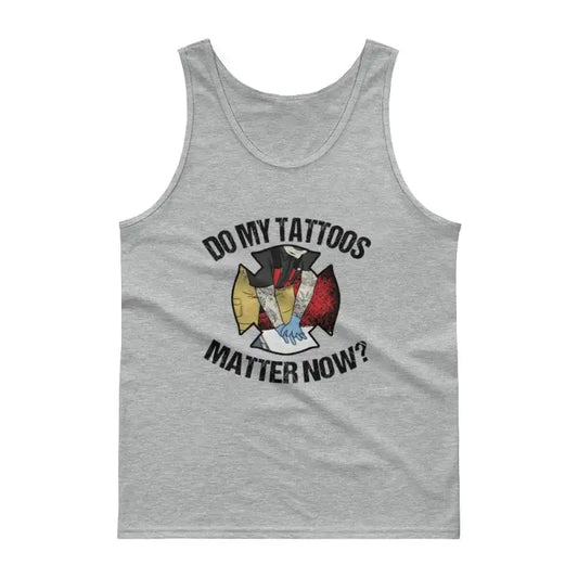 Gray firefighter tank top in jersey knit quality, perfect for showing that tattoos matter