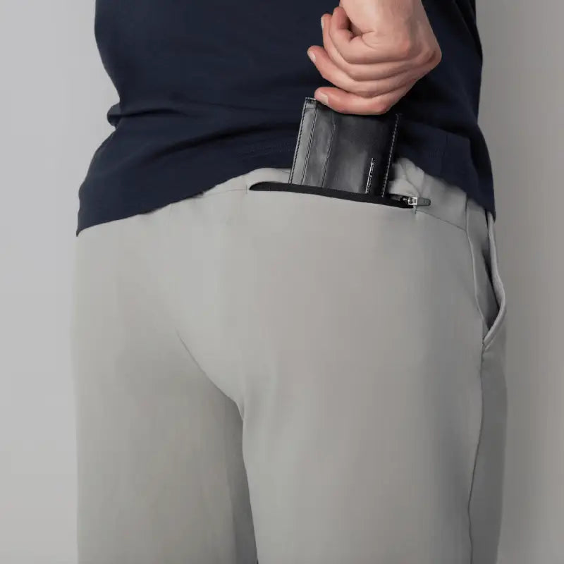 Gray Carrier Shorts Mk.II with zippered back pocket, ideal for concealed carry in Arrowhead Tactical Apparel