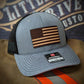 Gray trucker hat with leather patch and wooden American flag for all head sizes