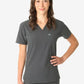 Gray V-neck women’s tuckable one-pocket scrub top with short sleeves for medical professionals