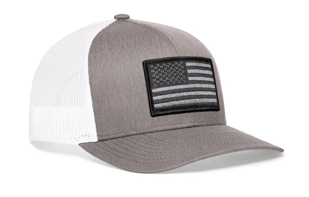 Gray and white USA Snapback with black and gray American flag trucker patch