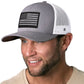 Gray and white USA snapback featuring an American Flag trucker patch design