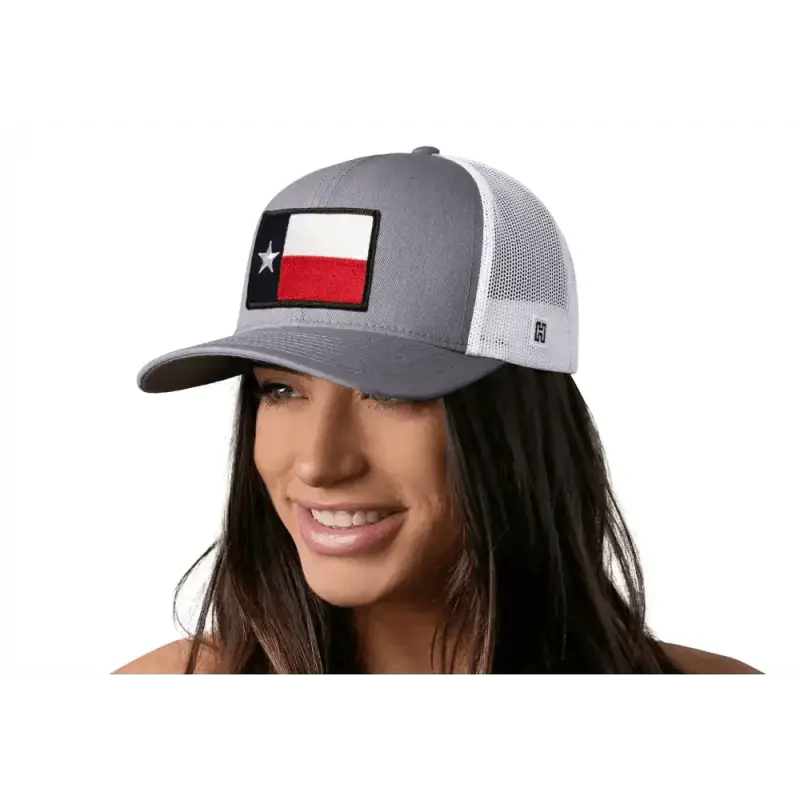 Gray and white Texas Flag Trucker Hat with a Texas state flag patch design