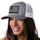 Gray and white USA snapback American Flag Trucker hat with flag patch design