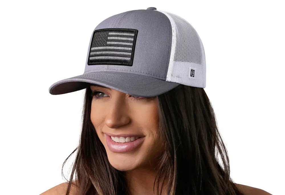 Gray and white USA snapback American Flag Trucker hat with flag patch design