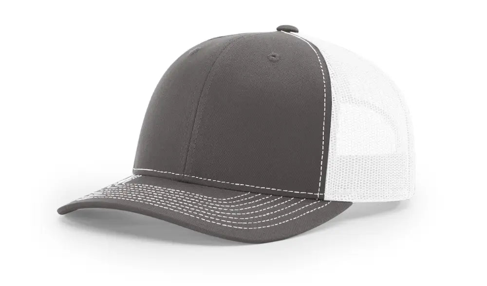 Gray and white trucker hat with leather patch for first responders and firefighters in Dumpster Fire style