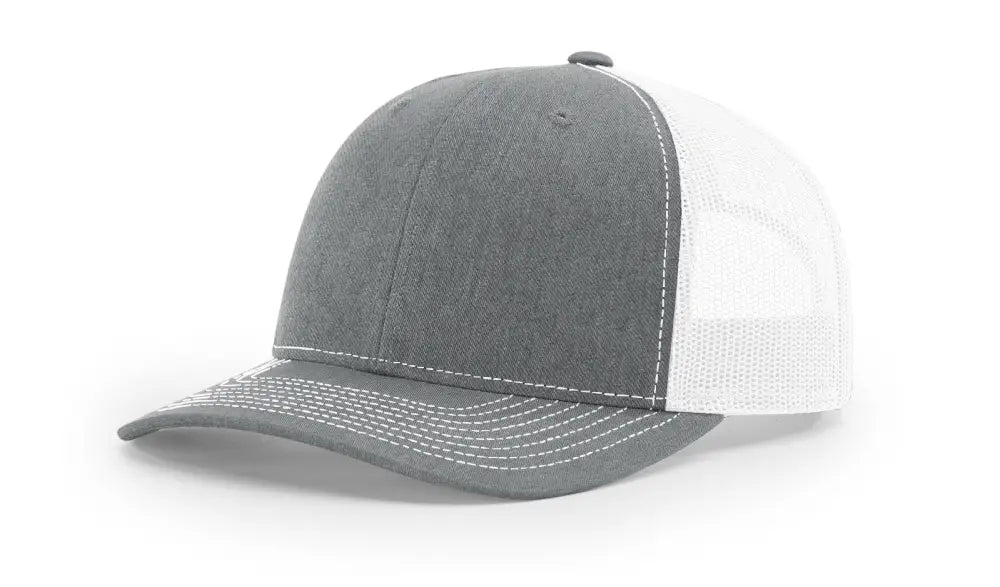 Gray and white trucker hat with leather patch for Firefighter First Responders Dumpster Fire