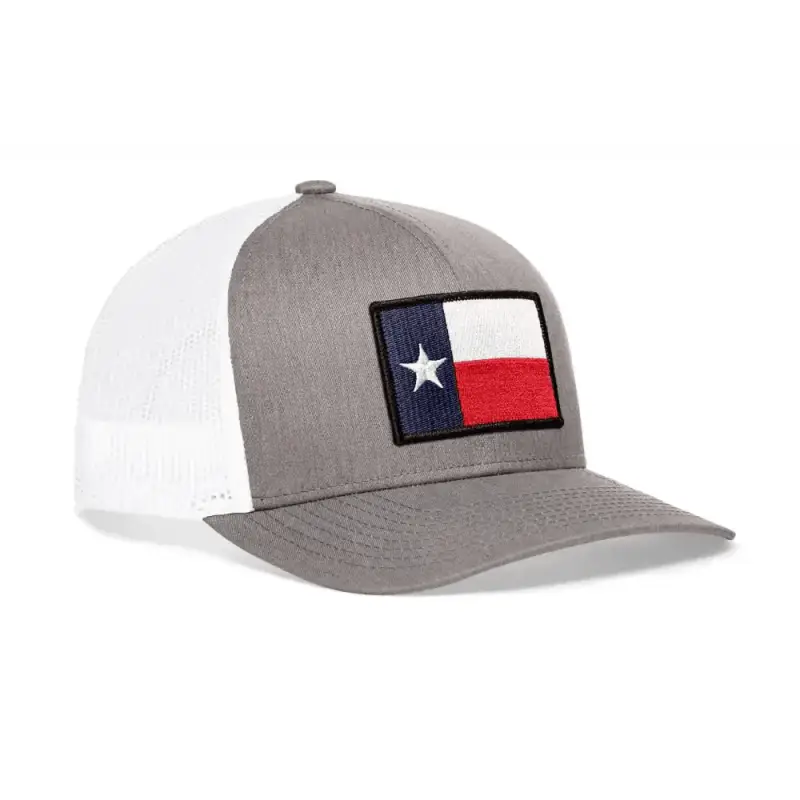 Gray and white Texas Flag Trucker Hat with TX patch, perfect for casual wear