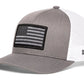 Gray and white USA Snapback American Flag Trucker Hat with black and gray patch