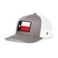 Gray and white Texas Flag Trucker Hat with snapback featuring state flag patch