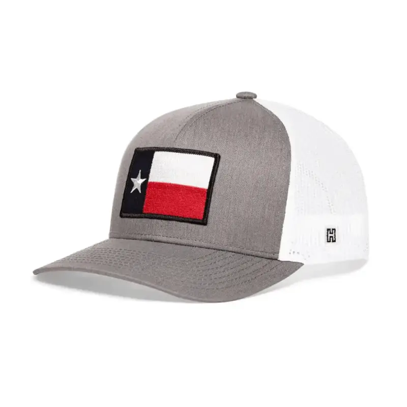 Gray and white Texas Flag Trucker Hat with snapback featuring state flag patch