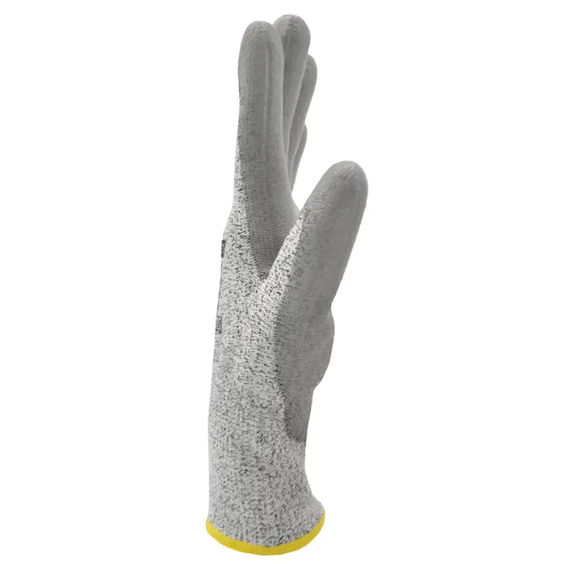 Gray cut-resistant safety work gloves with polyurethane dipped palms and yellow cuff