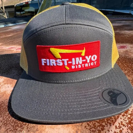 Gray and yellow mesh snapback cap with red FIRST-IN-YO DISTRICT patch, perfect for style