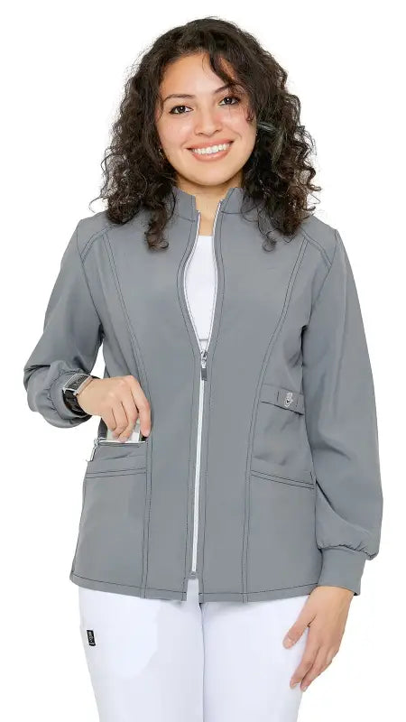 Gray Stretch Zipper Warm Up Uniform Jacket with front pockets for women