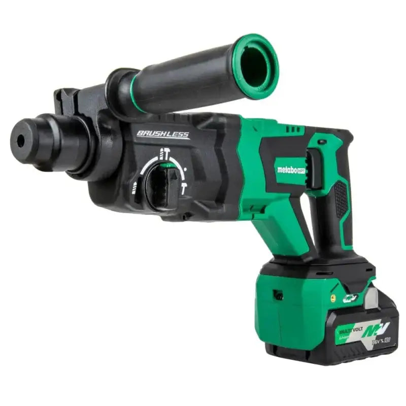 Green and black Metabo HPT 36V MultiVolt Brushless SDS D-Handle Rotary Hammer Drill with battery