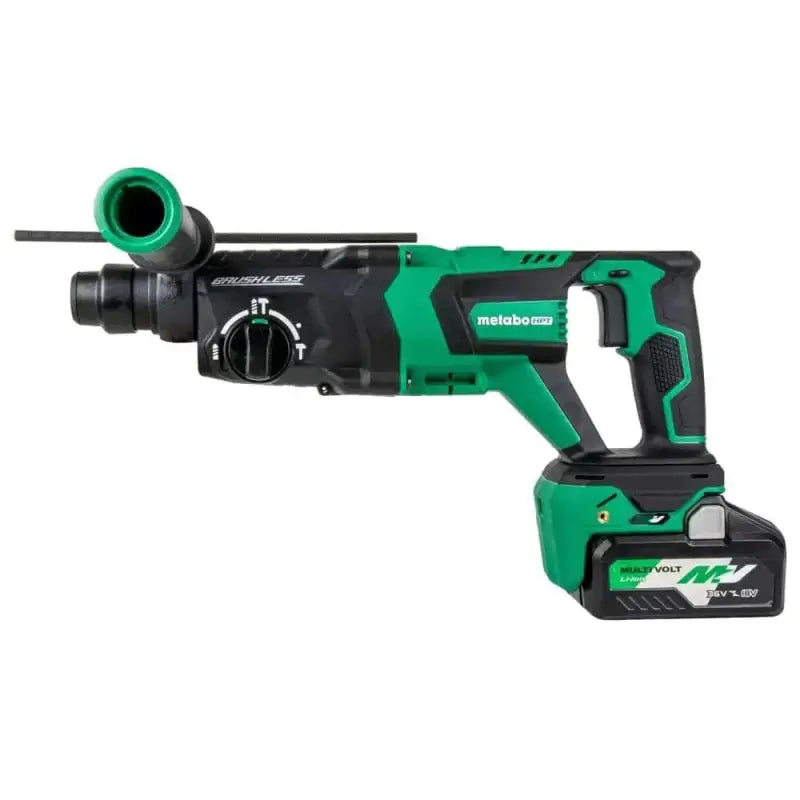 Green and black Metabo HPT 36V MultiVolt Brushless SDS D-Handle Rotary Hammer Drill with battery