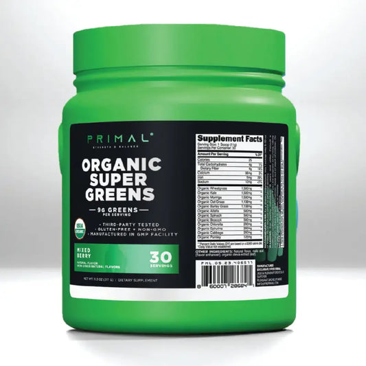 Green container of Organic Daily Greens with organic certified super greens powder