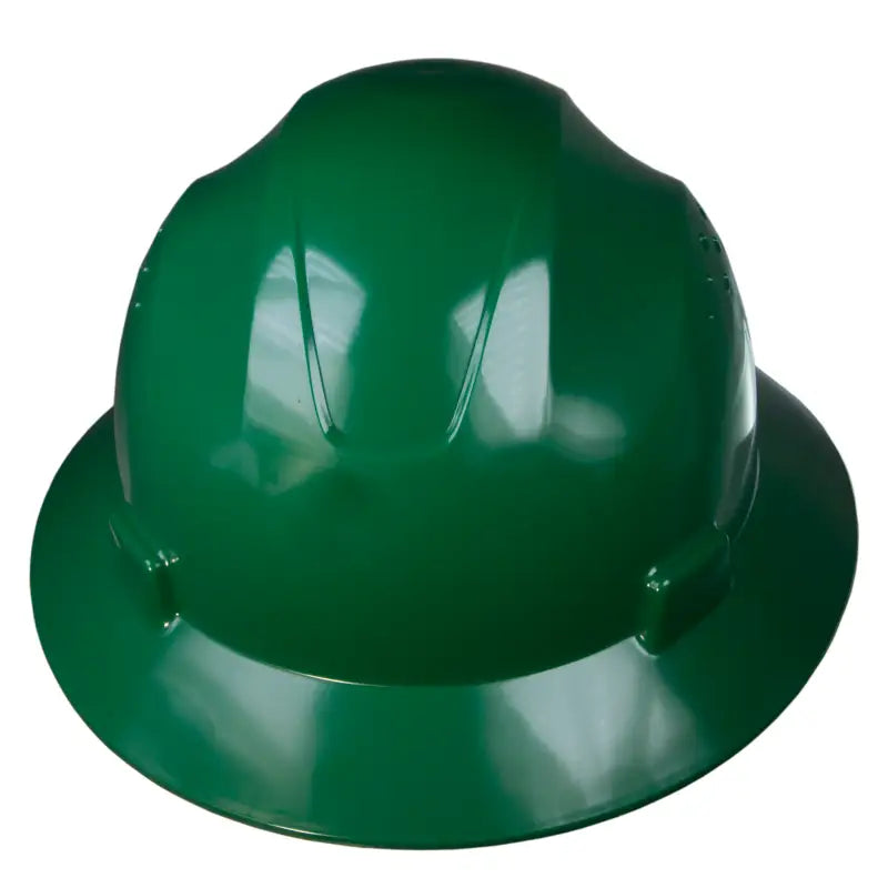 Green Full Brim Safety Hard Hat with 4 Point Suspension meeting ANSI Z89 standards