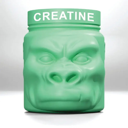 Green gorilla-faced creatine container for athletes including first responders, firefighters, police