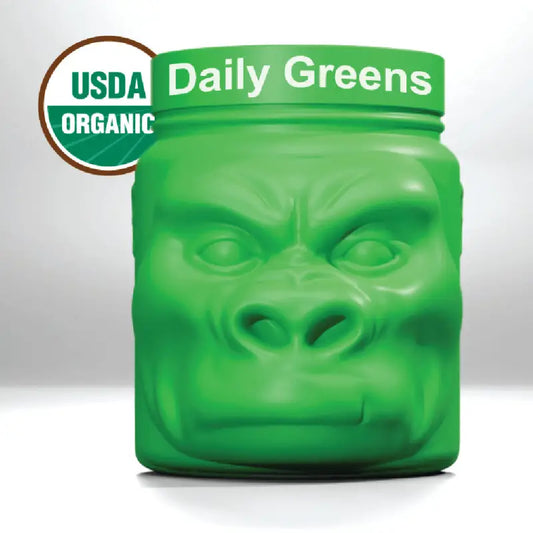 Green gorilla-faced jar for Organic Daily Greens, organic certified superfood supplement