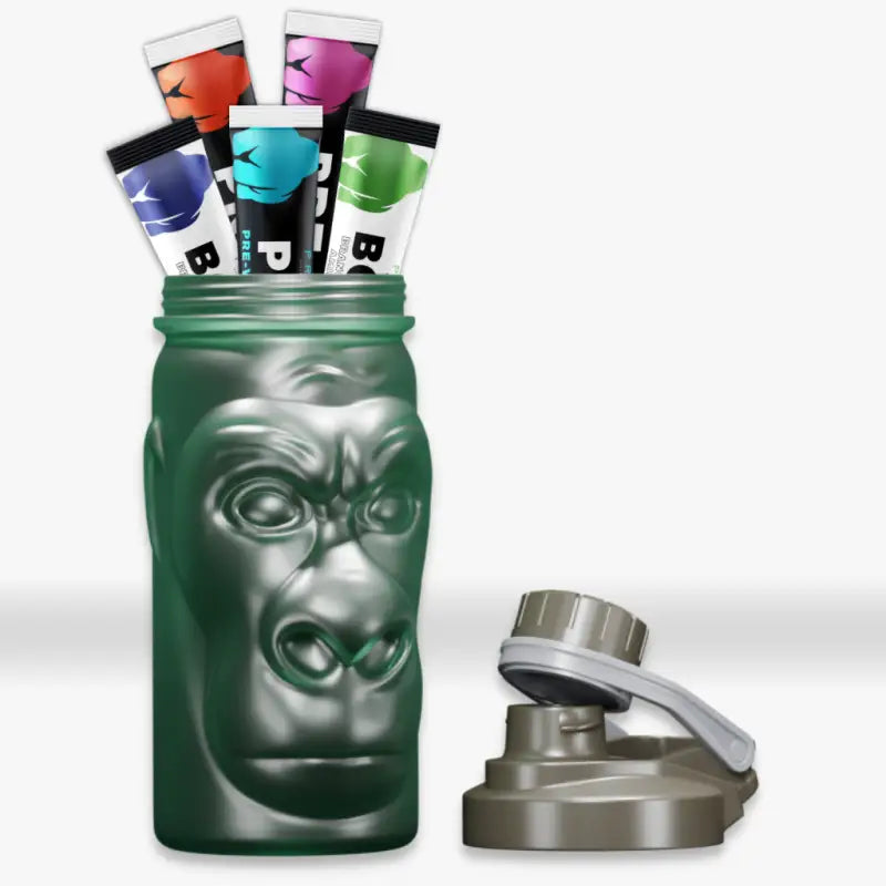 Green gorilla-shaped jar with drink mix packets for first responders, firefighter, police