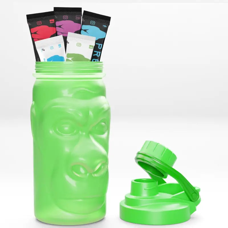 Green gorilla-shaped water bottle with supplement samples for first responders and firefighters