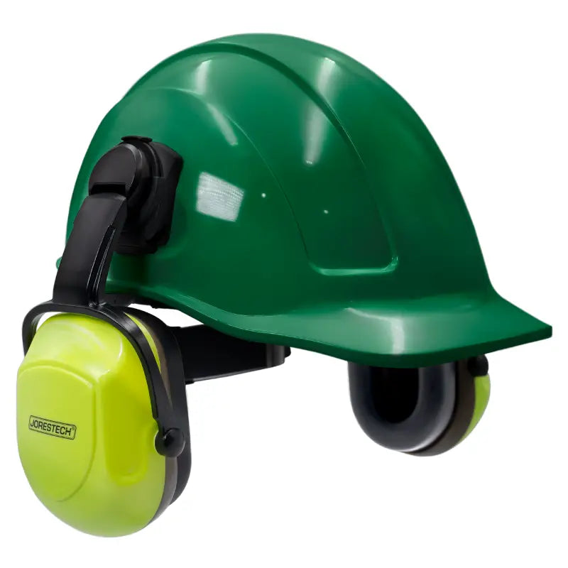 Green cap-style hard hat kit with high vis mountable earmuffs for safety and comfort