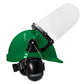 Green cap-style hard hat kit featuring hi-transparency face shield and earmuffs