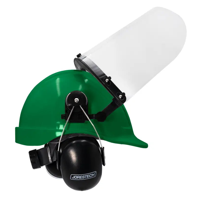 Green cap-style hard hat kit featuring hi-transparency face shield and earmuffs