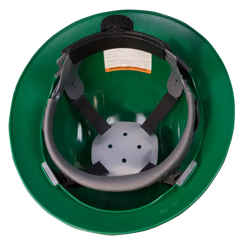 Green interior of Full Brim Safety Hard Hat with 4 Point Suspension, meets ANSI Z89 standards