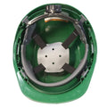 Green hard hat interior with brow liner and 4 point suspension in cap style safety design