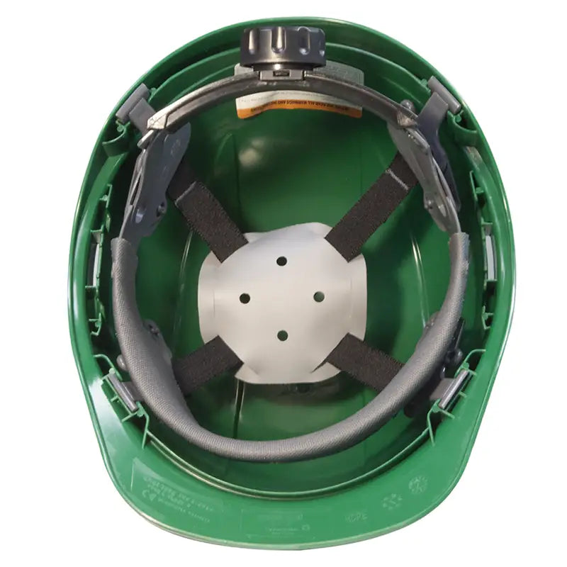 Green hard hat interior with brow liner and 4 point suspension in cap style safety design