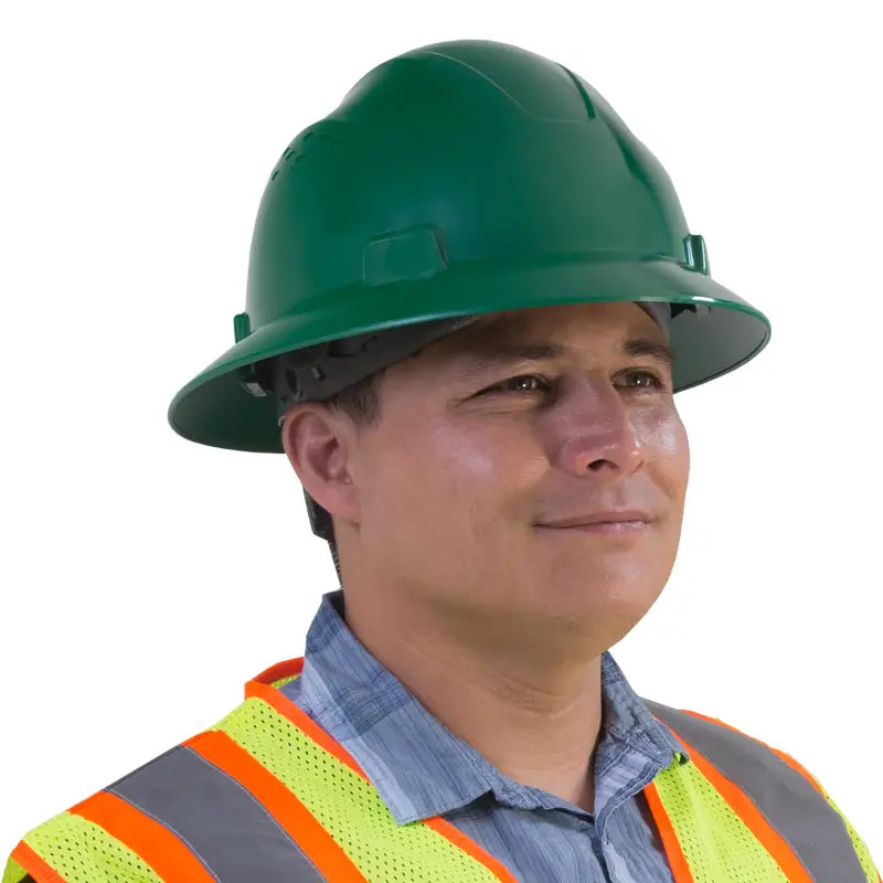 Green brim safety hard hat with reflective vest and 4 point suspension meets ANSI Z89 standards