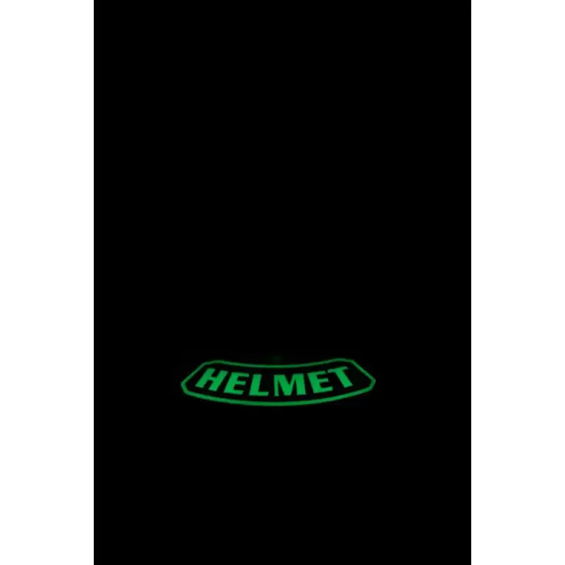 Green glowing HELMET text showcasing IdentiFire™ Helmet Nameplates for harshest environments