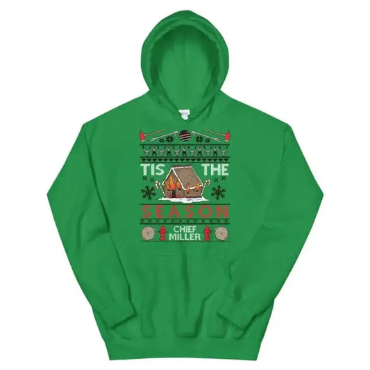 Green Ugly Christmas Hoodie featuring a gingerbread house holiday design