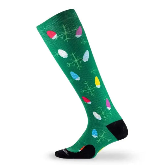 Green knee-high sock with colorful Holiday Lights pattern for marathon printed style