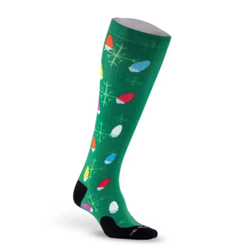 Green knee-high sock with colorful Holiday Lights pattern for Marathon Printed style