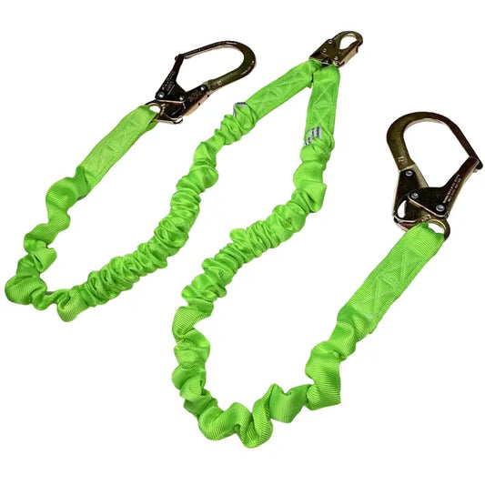 Green lanyard with metal clips for Twin Leg Internal Shock-Absorbing Lanyard with Scaffolding Hook