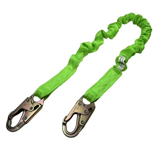 Green internal shock-absorbing lanyard with metal hooks for safety and reliability