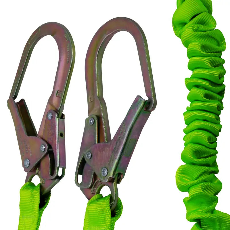 Green lanyard with metal safety hooks for Twin Leg Internal Shock-Absorbing Lanyard