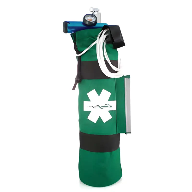 Green Portable Oxygen Cylinder Sleeve Bag with Star of Life and adjustable black straps