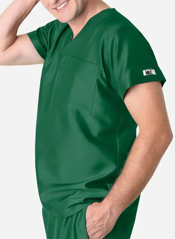 Green men’s simple scrub top with short sleeves and chest pocket for comfort