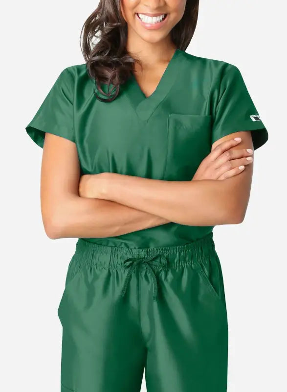 Green Women’s Simple Scrub uniform featuring v-neck top and drawstring pants