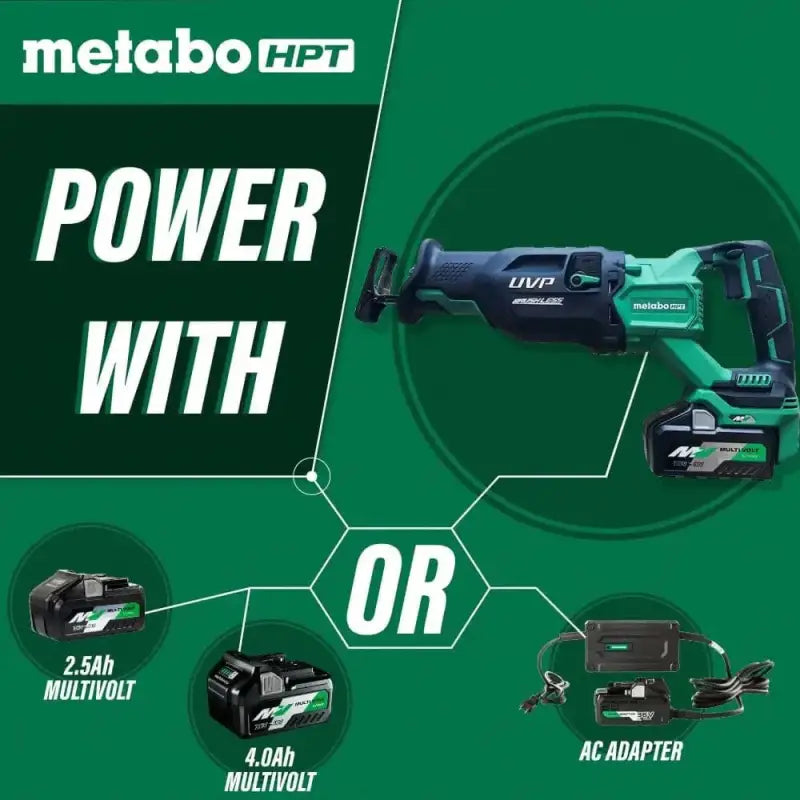 Green Metabo HPT CR36DAQ4M Brushless Reciprocating Saw showcasing Multivolt tools and battery options