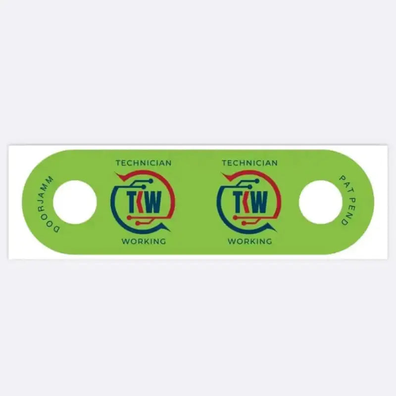 Green plastic tag with TKW Working Technician logos for TeKnowledge Worldwide TKW DoorJamm