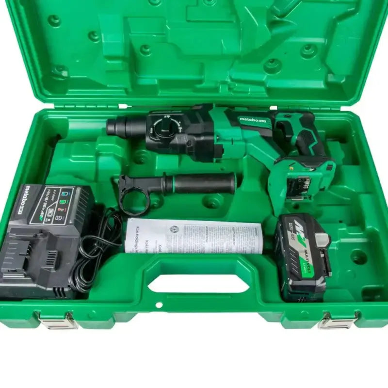 Green plastic tool case with Metabo HPT 36V MultiVolt Brushless SDS D-Handle Rotary Hammer