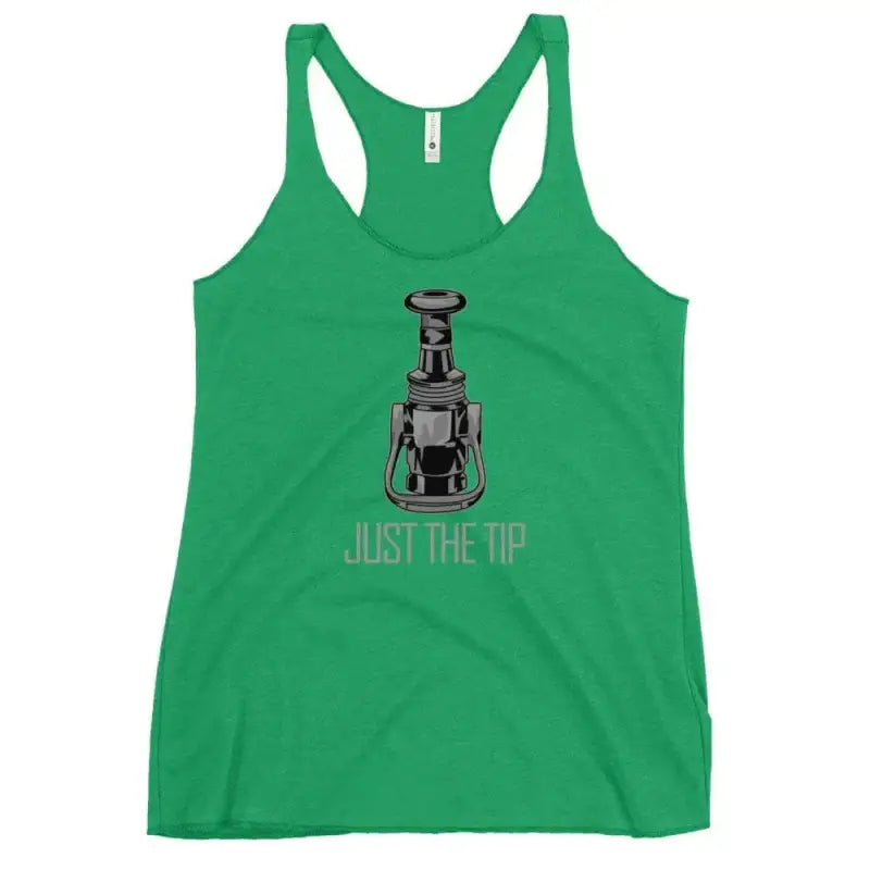 Green racerback tank top with JUST THE TIP text and corkscrew illustration for women