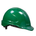 Green cap style safety hard hat with 4 point suspension and brow liner for comfort